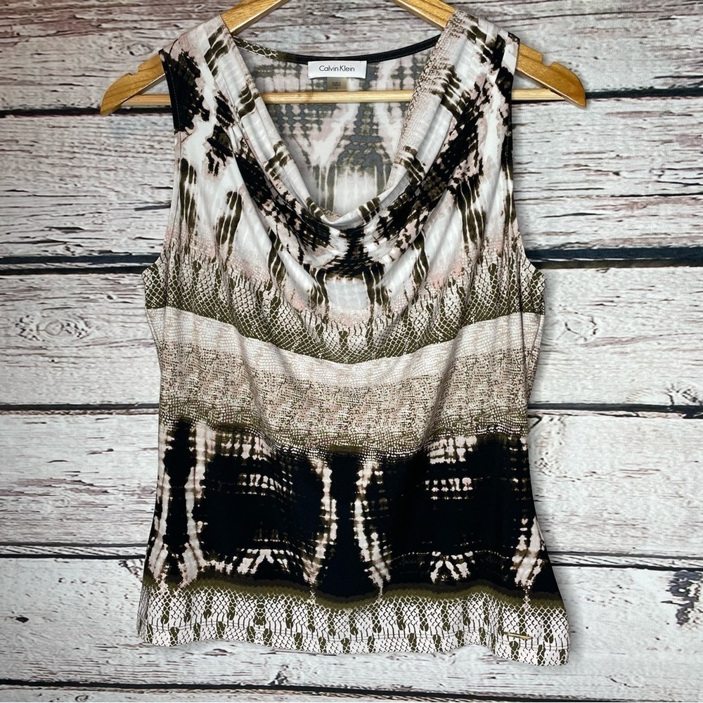 Calvin Klein Women’s Sleeveless Blouse Size Small Draped Cowl Neck Multi Pattern